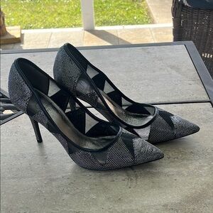 Adrianna Papell Black and Silver Stiletto Heels with Mesh Panels